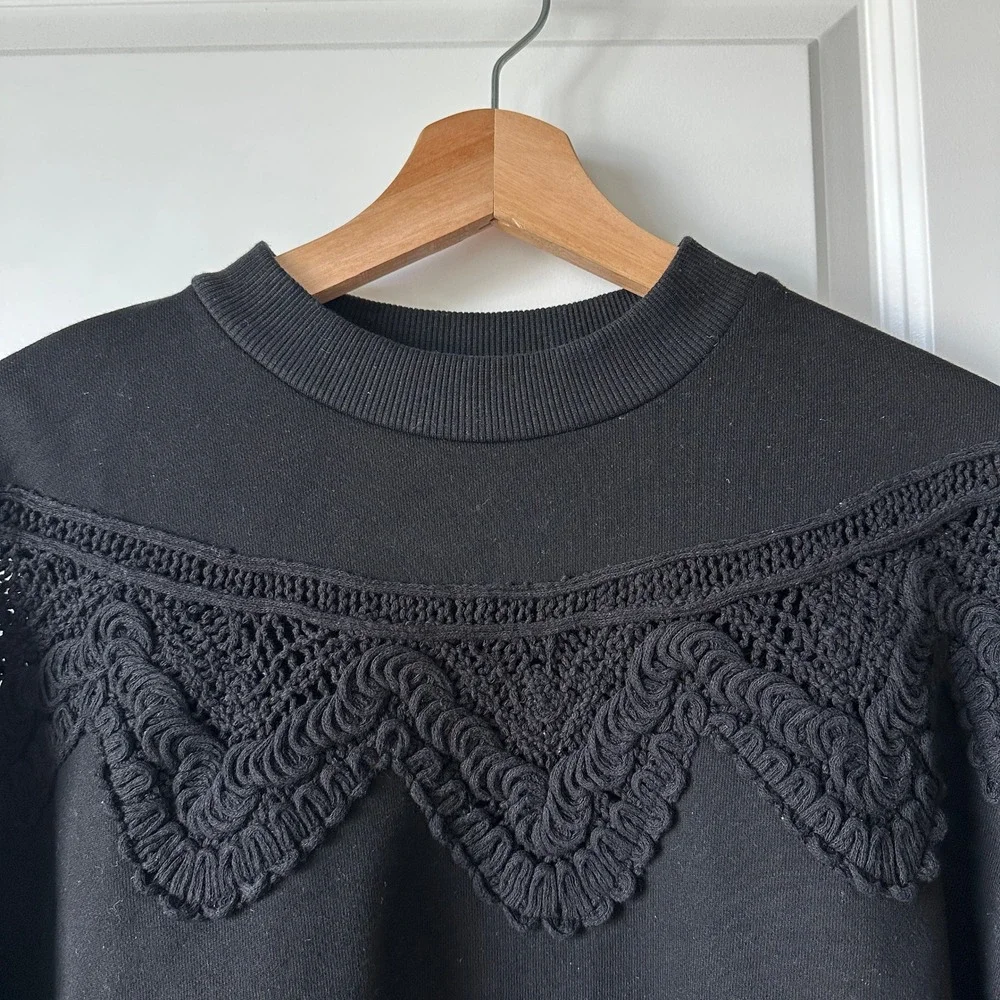 Jonathan Simkhai XS Black Sweatshirt Crochet Trim Mock Neck Pullover Long Sleeve